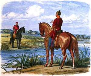 Tranh minh họa cảnh Henry II và Stephen thương thảo cách một bờ sông.
